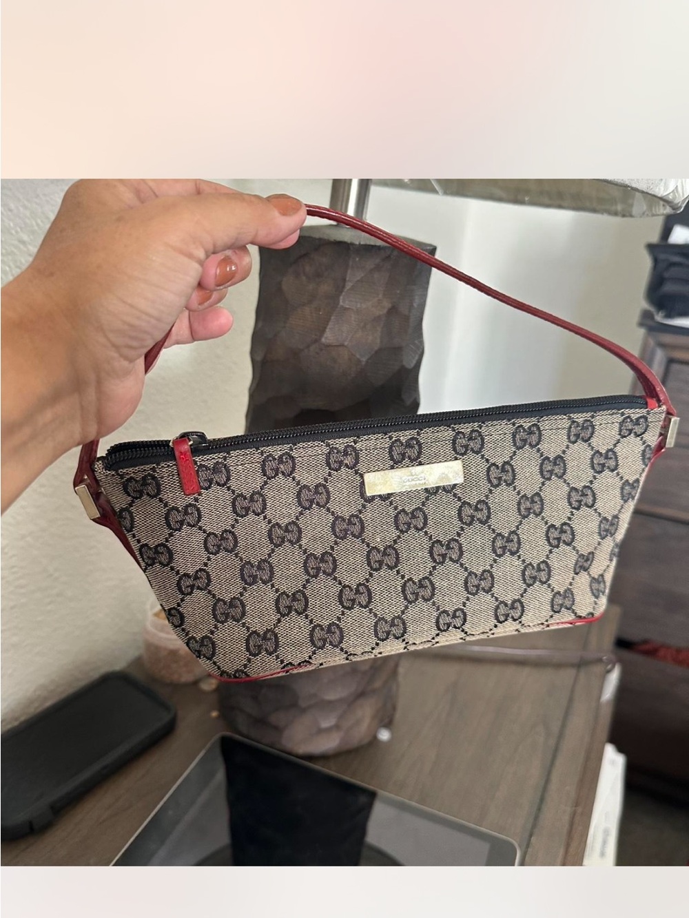 Gucci Mini Shoulder Bag in Beige Monogram with Red Trim